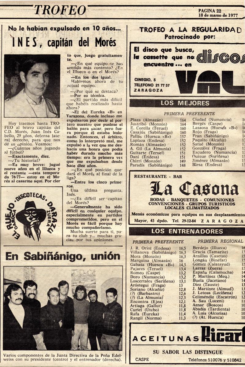 Fotografía histórica del equipo Peña Edelweiss en la 2ª Categoría Preferente Temporada 1976/1977.