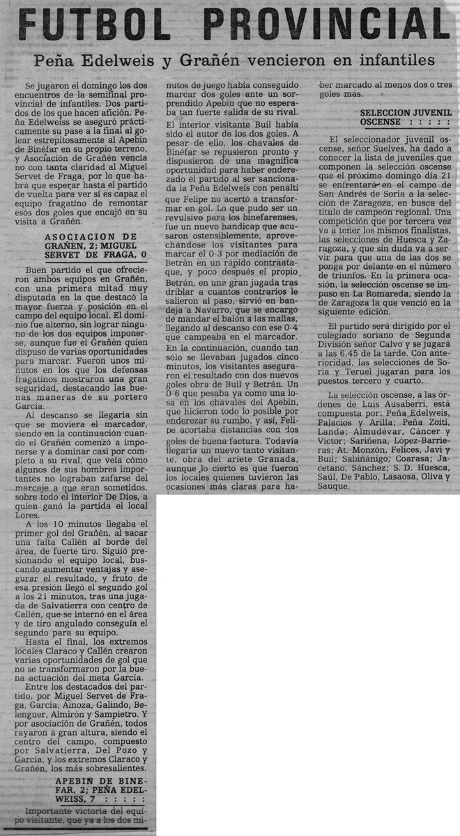 Crónica del partido Categoría Infantil Alpebin Binéfar (2) - Peña Edelweiss (7) Temporada 1980/1981