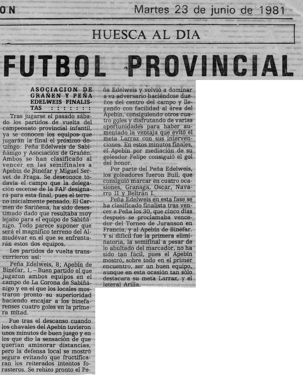 Asociación de Grañén y Peña Edelweiss finalistas Campeonato Infantil Provincial Temporada 1980/1981