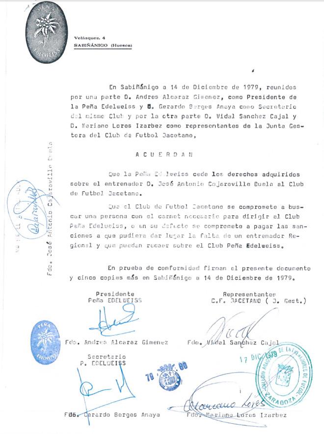 Documento histórico del acuerdo Peña Edelweiss C.F. Jacetano 1ª Regional Temporada 1979-1980