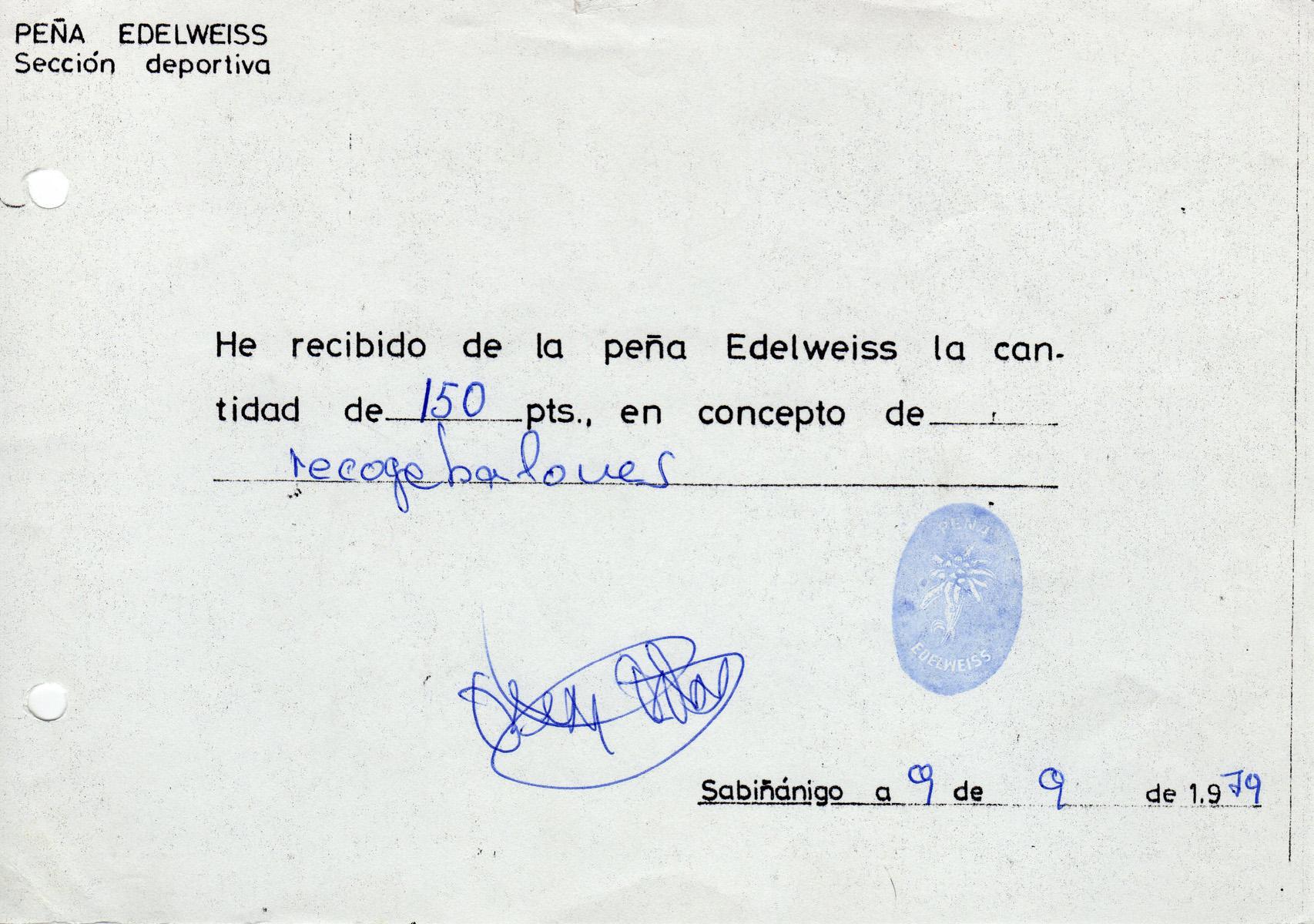 Documento histórico Justificante pago recogebalones Peña Edelweiss Temporada 