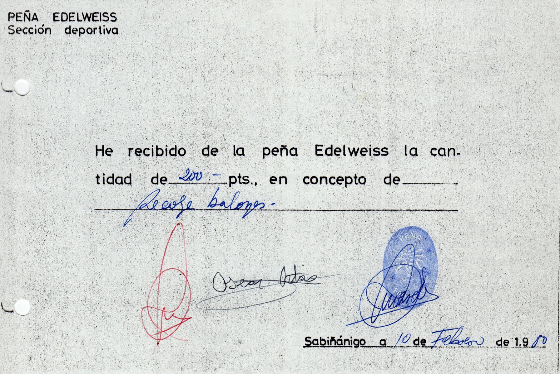 Documento histórico Justificante pago recogebalones Peña Edelweiss Temporada 