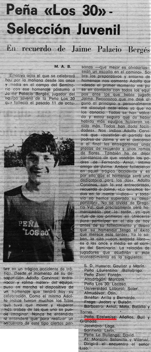 Partido homenaje a Jaime Palacio Bergés. Peña los 30 - Selección Juvenil Huesca Temporada 1981/1982